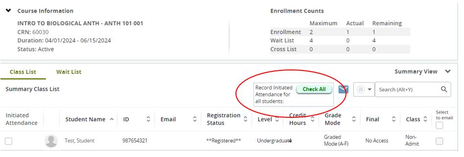Initiation of Attendance Check All